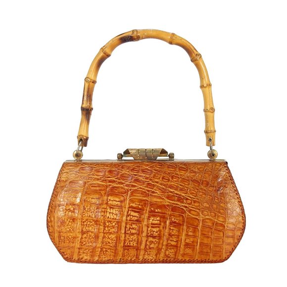 unknown Handbags - VINTAGE ALLIGATOR 40's 50's Bamboo Handle Kisslock Hardframe Mini Bag